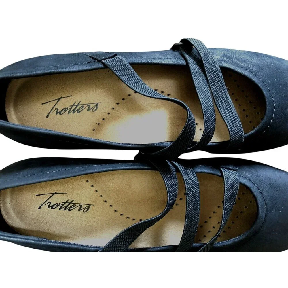 Trotters Womens Della Ballet Flats Leather Black Slip On Elastic Strap Sz 7.5 N‎